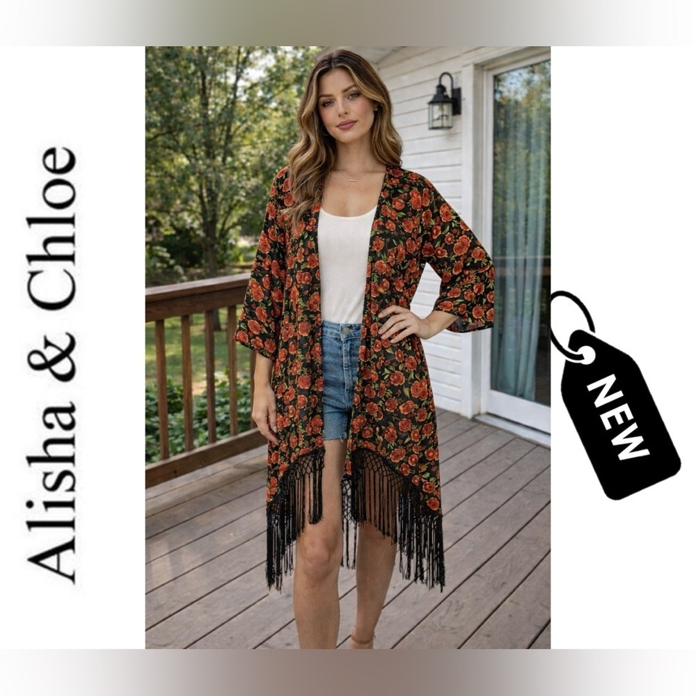 NWT Alisha & Chloe Black red roses fringed Kimono size M